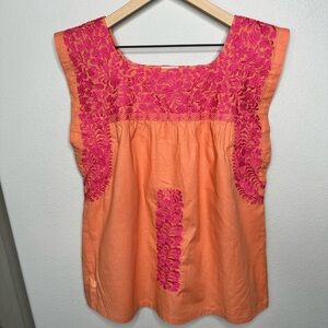 J. Marie Rae Embroidered Linen Top Pink Orange Medium